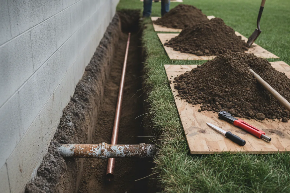 Excavated water line trench during Water Heater Repair in Fruithurst
